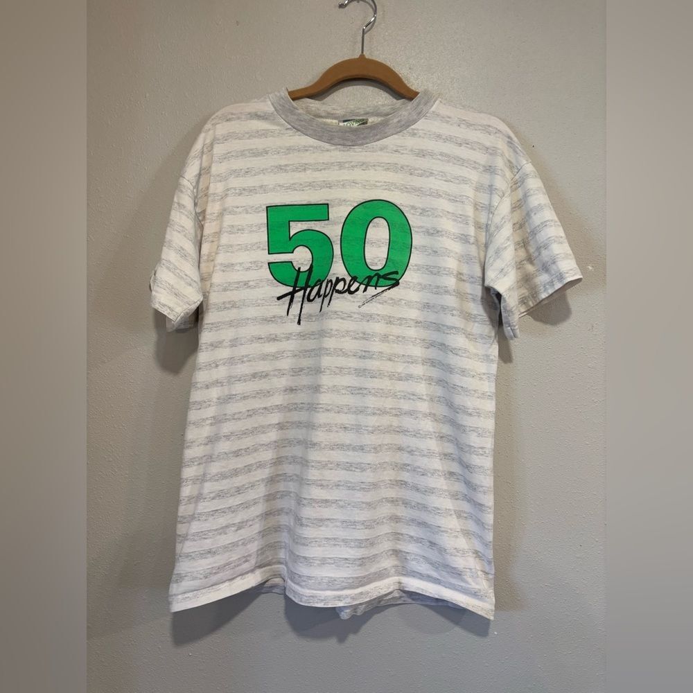 Vintage 1990 “50 Happens” Graphic T-Shirt LA Loving Striped Retro Tee (M/L)